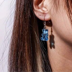 Blue chunky teddy bear earrings.